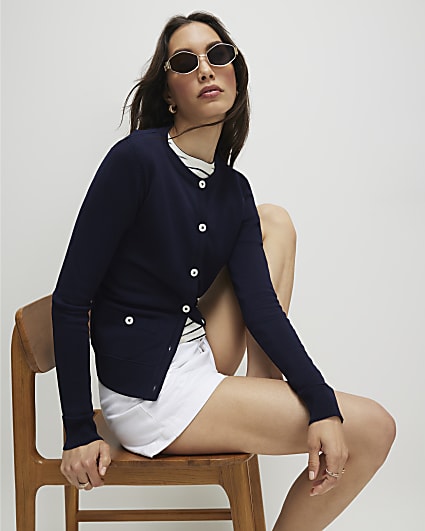 Navy Knitted Crew Neck Cardigan