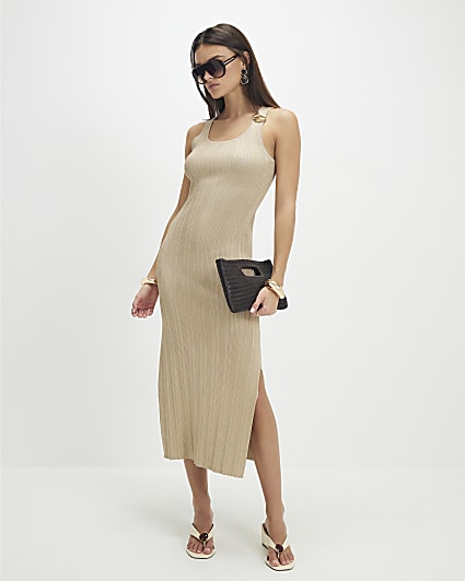 Gold Rib Knit Buckle Midi Dress