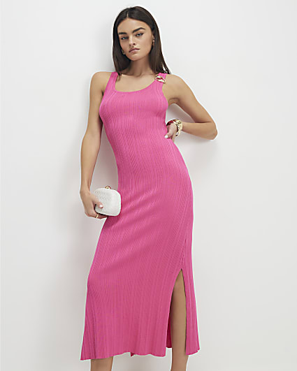 Pink Rib Knit Buckle Midi Dress