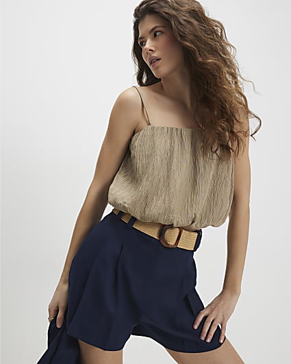 Navy Linen Blend Belted Shorts