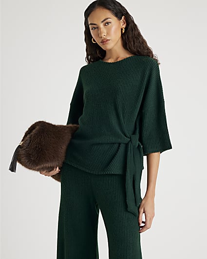 Khaki Short Sleeve Cosy Ribbed Tie Detail Top