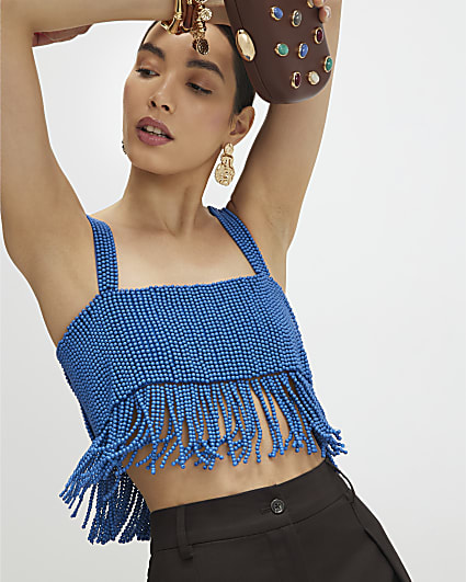 Blue Beaded Crop Top