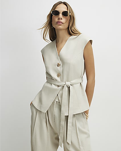 Beige Linen Blend Sleeveless Tie Waist Top