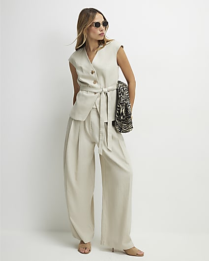 Beige Tailored Wide Leg Trousers