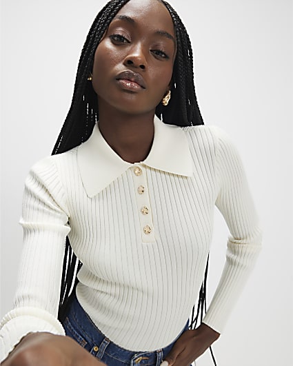 Cream Knitted Long Sleeve Polo Top