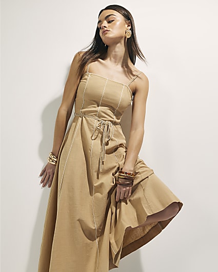 Beige Piped Rope Belted Midi Dress