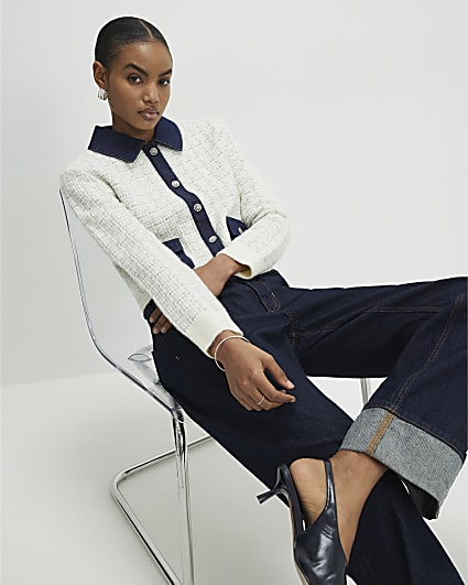 Cream Boucle Denim Mix Cardigan