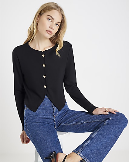 Black Long Sleeve Cropped Heart Cardigan