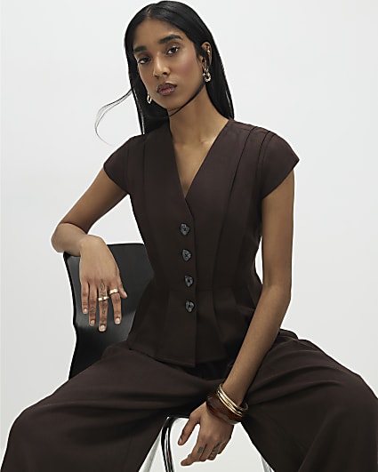 Brown Pleat Detail Top