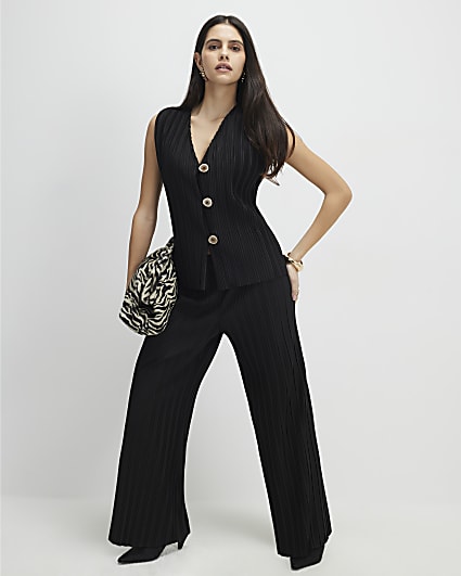 Black Plisse Wide Leg Trousers