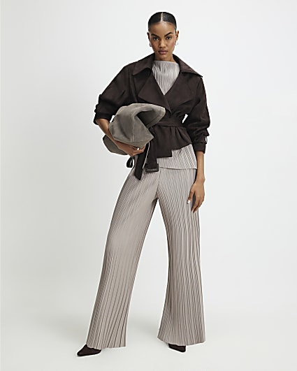 Grey Plisse Wide Leg Trousers