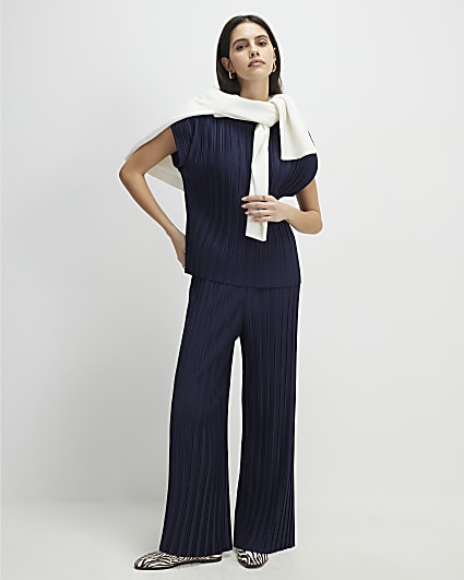 Navy Plisse Wide Leg Trousers