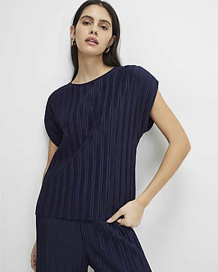 Navy Plisse Short Sleeve Top