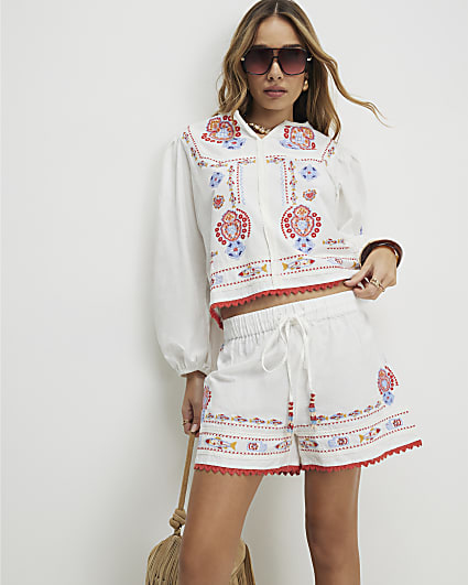 White Embroidered Shorts