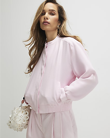 Pink Linen Blend Tailored Bomber Jacket