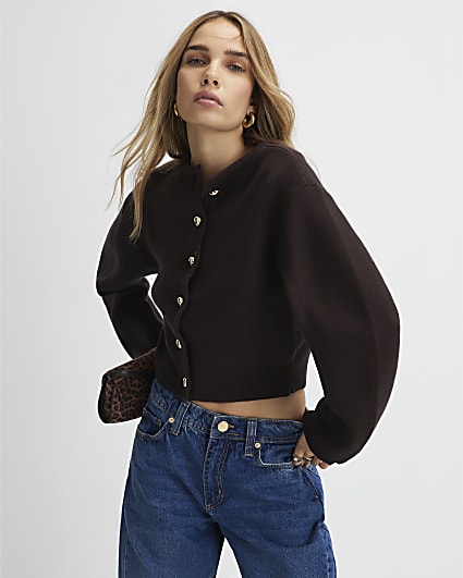 Brown Knitted Structured Sleeve Cardigan