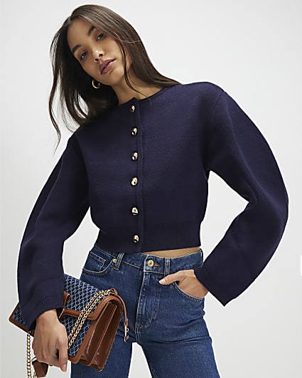 Navy Knitted Structured Sleeve Cardigan