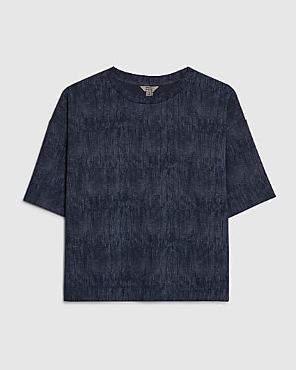 Petite Navy Premium Crinkle Boxy T-Shirt