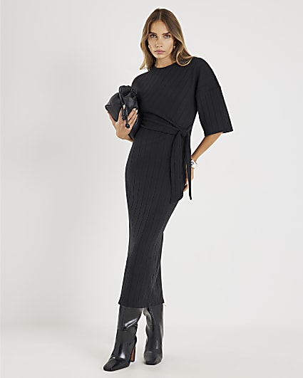 Black Short Sleeve Wide Ribbed Cosy Dress