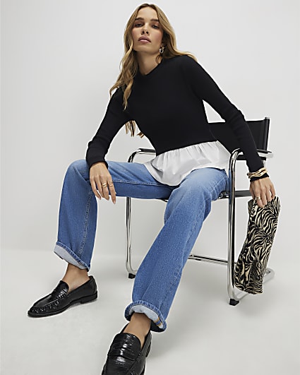 Black Long Sleeve Poplin Hem Top