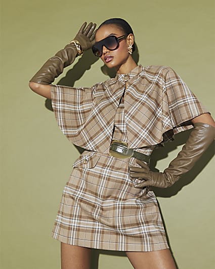 Beige Checked Cape Detail Mini Dress