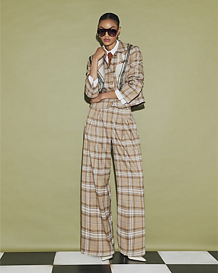 Beige Checked Pocket Detail Jacket