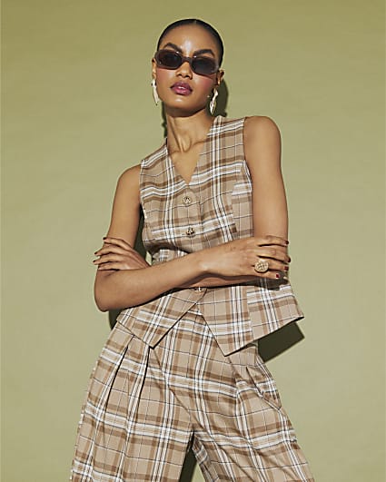 Beige Checked Cinched Waist Waistcoat