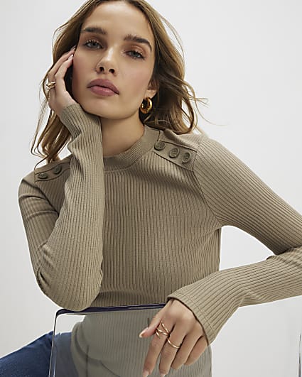 Khaki Button Shoulder Rib Top