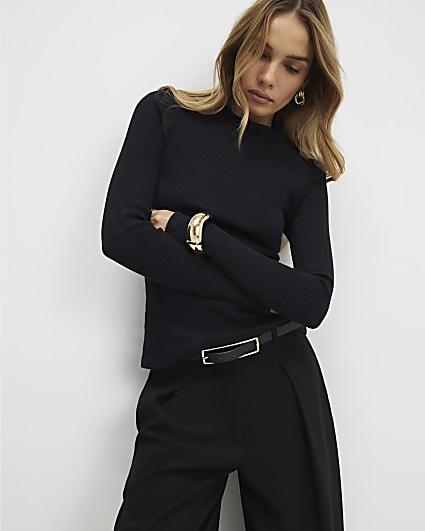 Black Button Shoulder Rib Top