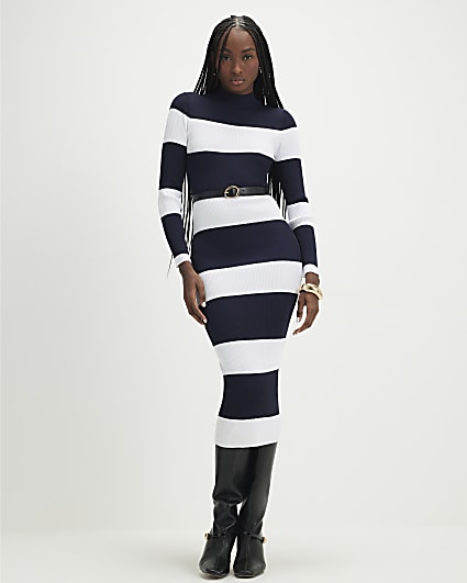 Navy Belted Stripe Midi Dress