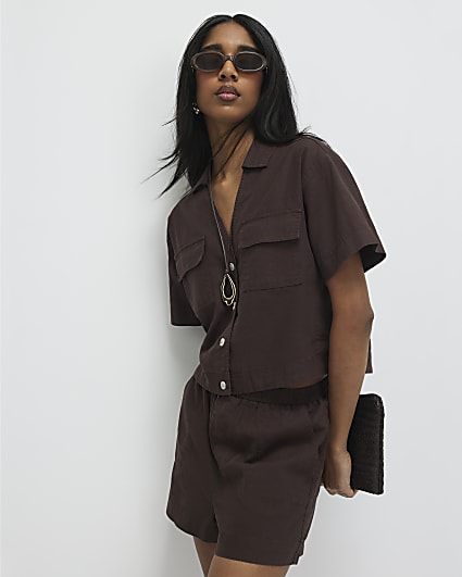 Brown Linen Blend Boxy Shirt