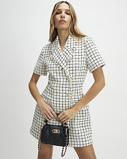 Cream Boucle Short Sleeve Check Mini Dress