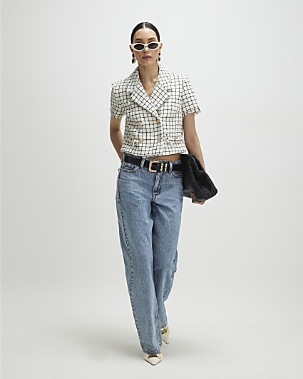 Cream Boucle Checked Short Sleeve Jacket