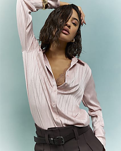 Pink Satin Stripe Crinkle Blouse