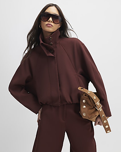 Brown Tailored Funnel Neck Bomber Jacket