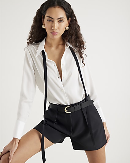 Black Structured Belted Shorts