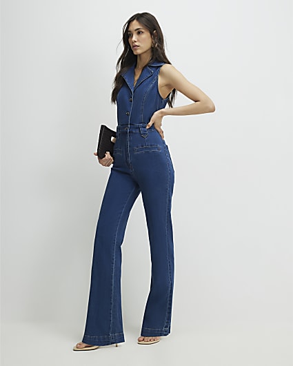 Blue Sleeveless Denim Jumpsuit