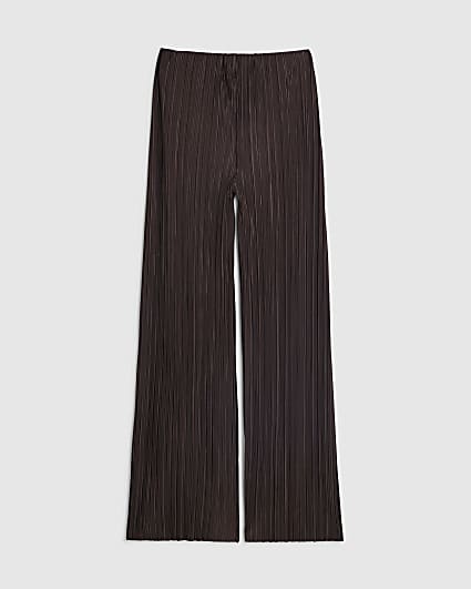 Petite Brown Plisse Wide Leg Trousers