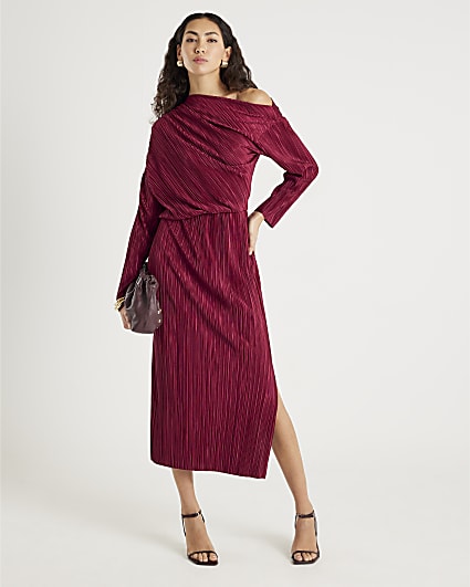 Red Plisse Long Sleeve Midi Dress