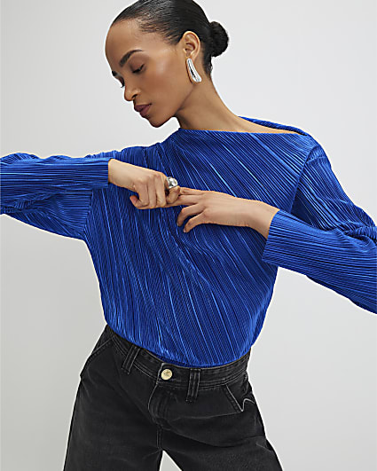Blue Long Sleeve Plisse Asymmetric Drape Top