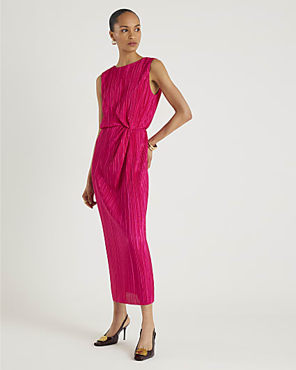 Pink Plisse Knot Side Midi Dress