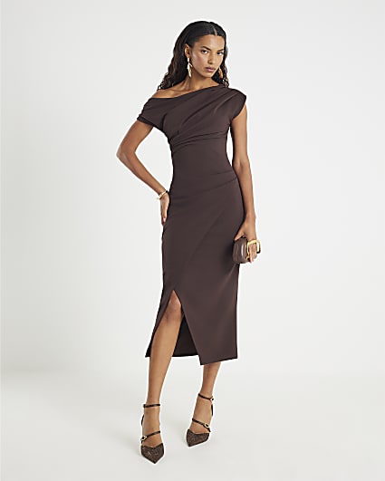 Brown Asymmetric Drape Wrap Midi Dress