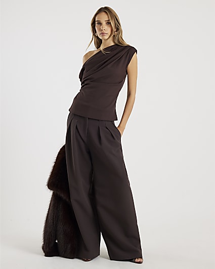 Brown Short Sleeve Off Shoulder Drape Top