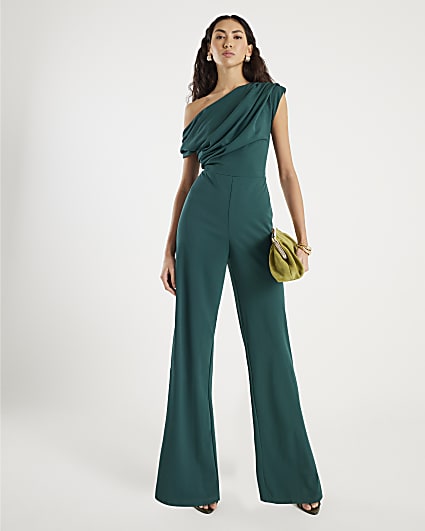 Green Short Sleeve Asymmetric Drape Jumpsuit