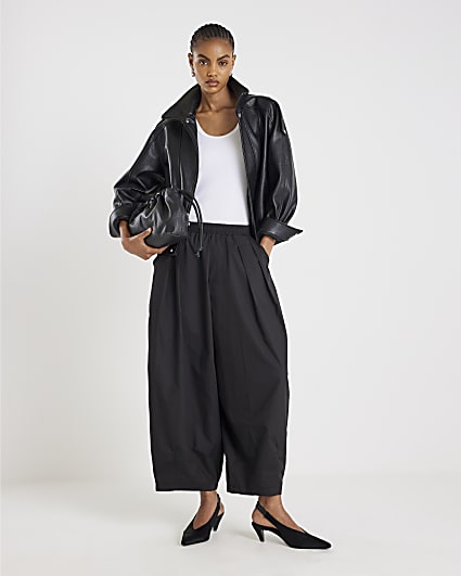 Black Poplin Barrel Leg Trousers