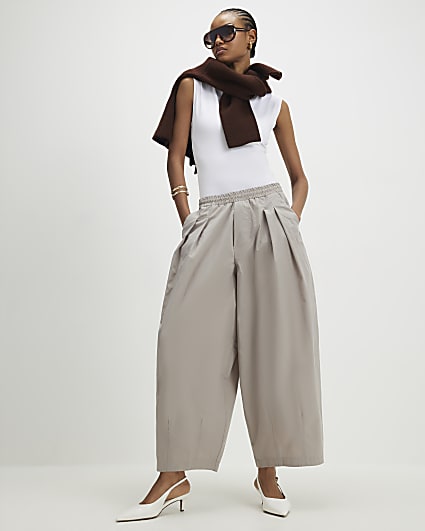 Beige Barrel Leg Pleated Trousers