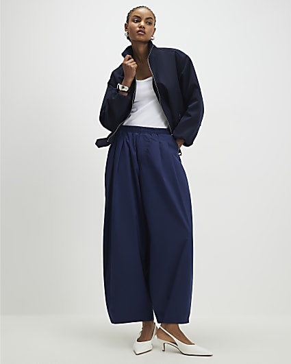 Navy Barrel Leg Trousers