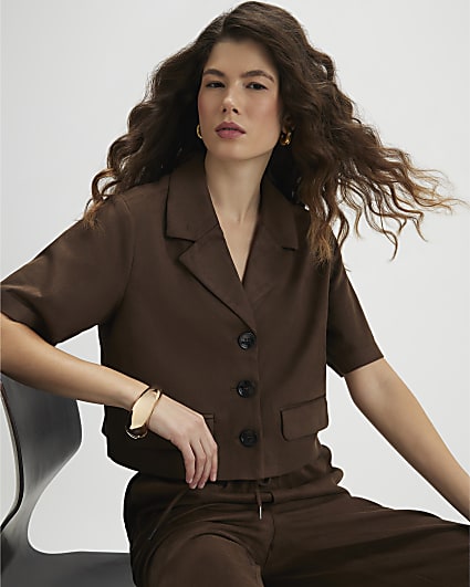 Brown Faux Suede Short Sleeve Shirt