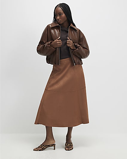 Brown Faux Suede Full Circle Midi Skirt