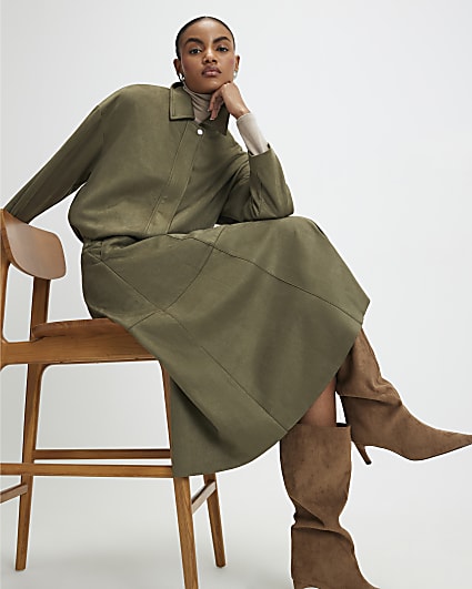 Khaki Faux Suede Full Circle Midi Skirt